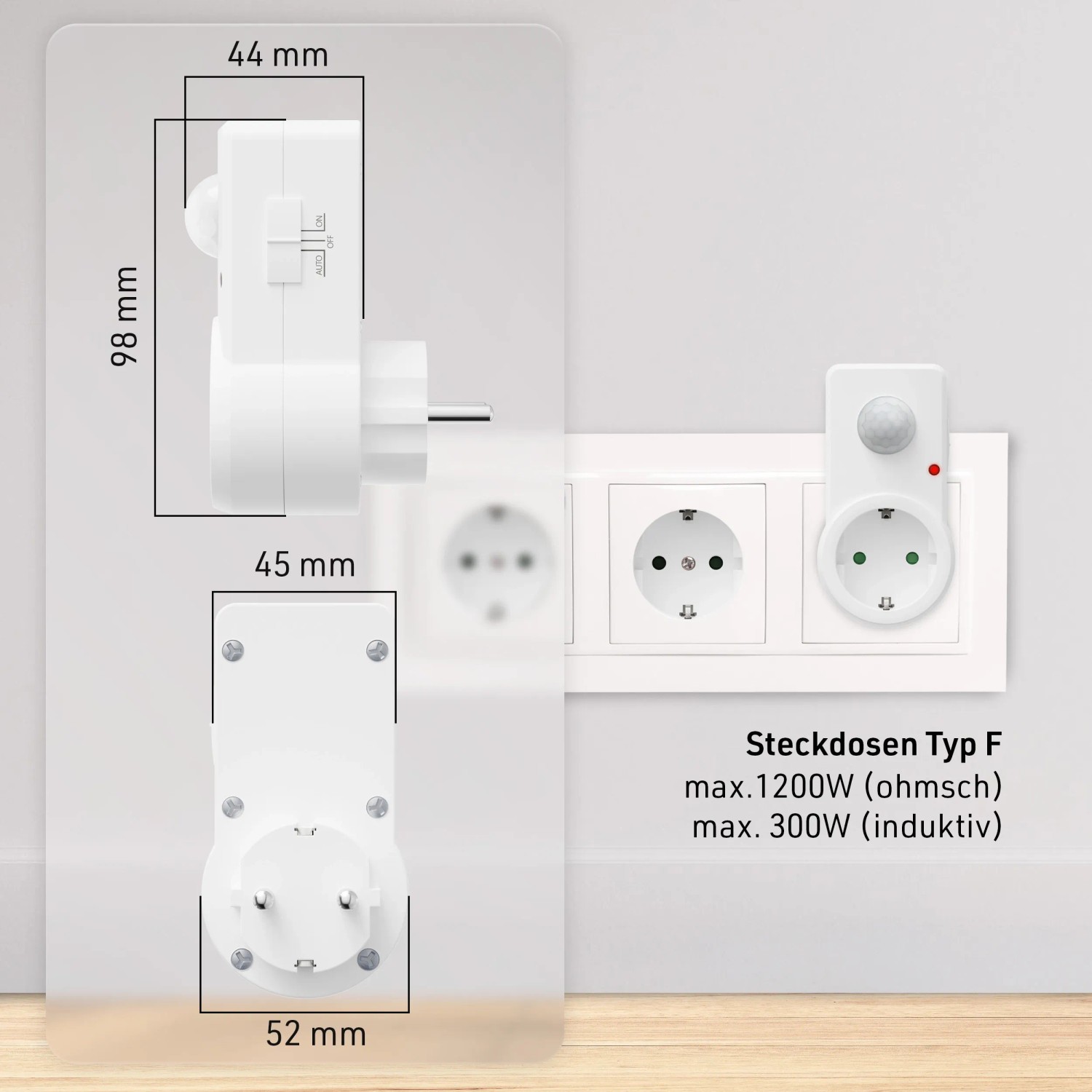 Weiße Oktaplex Sia Zwischenstecker-Steckdose mit Infrarot Bewegungsmelder und roter Kontrollleuchte, eingesteckt in Wanddose Typ F. Maße 98x44mm.
