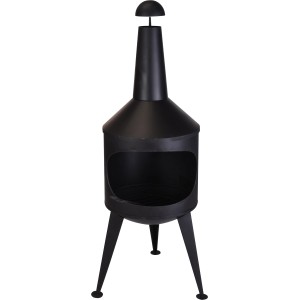 Schwarzer Terrassenkamin aus Metall mit drei Beinen für gemütliche Abende.