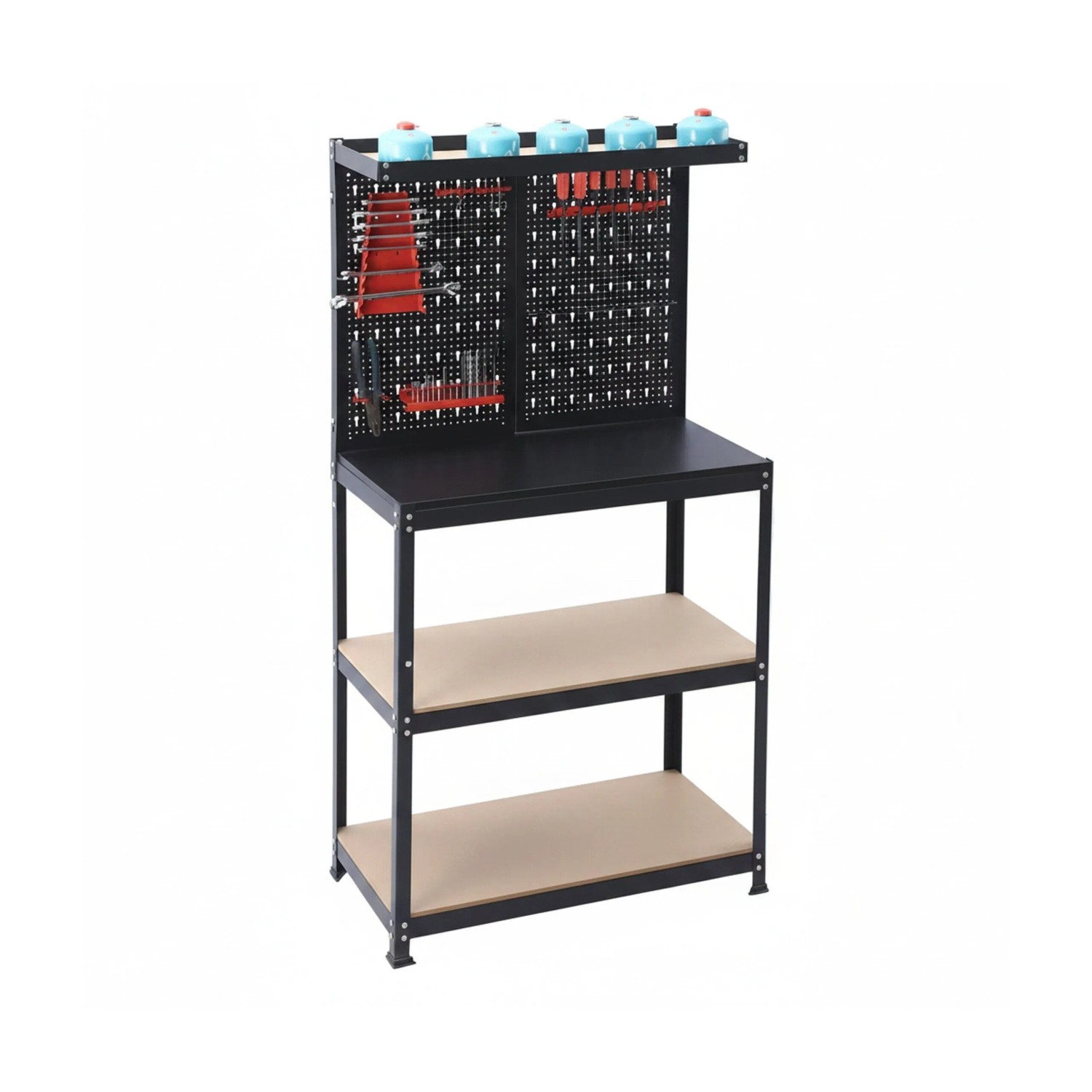 Relaxdays Werkbank Stahl MDF Schwarz Natur Rot mit Lochwand 15-Teiligem Zubehör 155 cm x 80,5 cm x 41 cm 22,5 kg