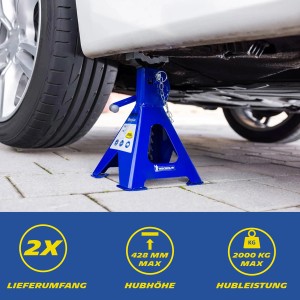 Blauer Michelin Unterstellbock (2.000 kg) unter Auto, 9-fach höhenverstellbar für Wartung und Reparatur.