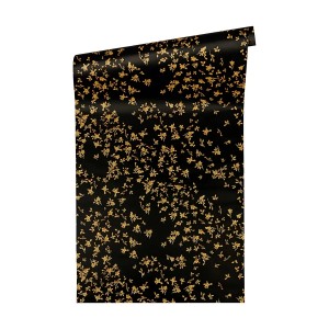 PROFHOME Vliestapete mit floralem Muster in Schwarz und Gold, glänzend.