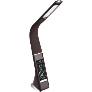 Graue LED-Tischleuchte Sophie mit Display für Uhrzeit, Kalender und Temperatur.