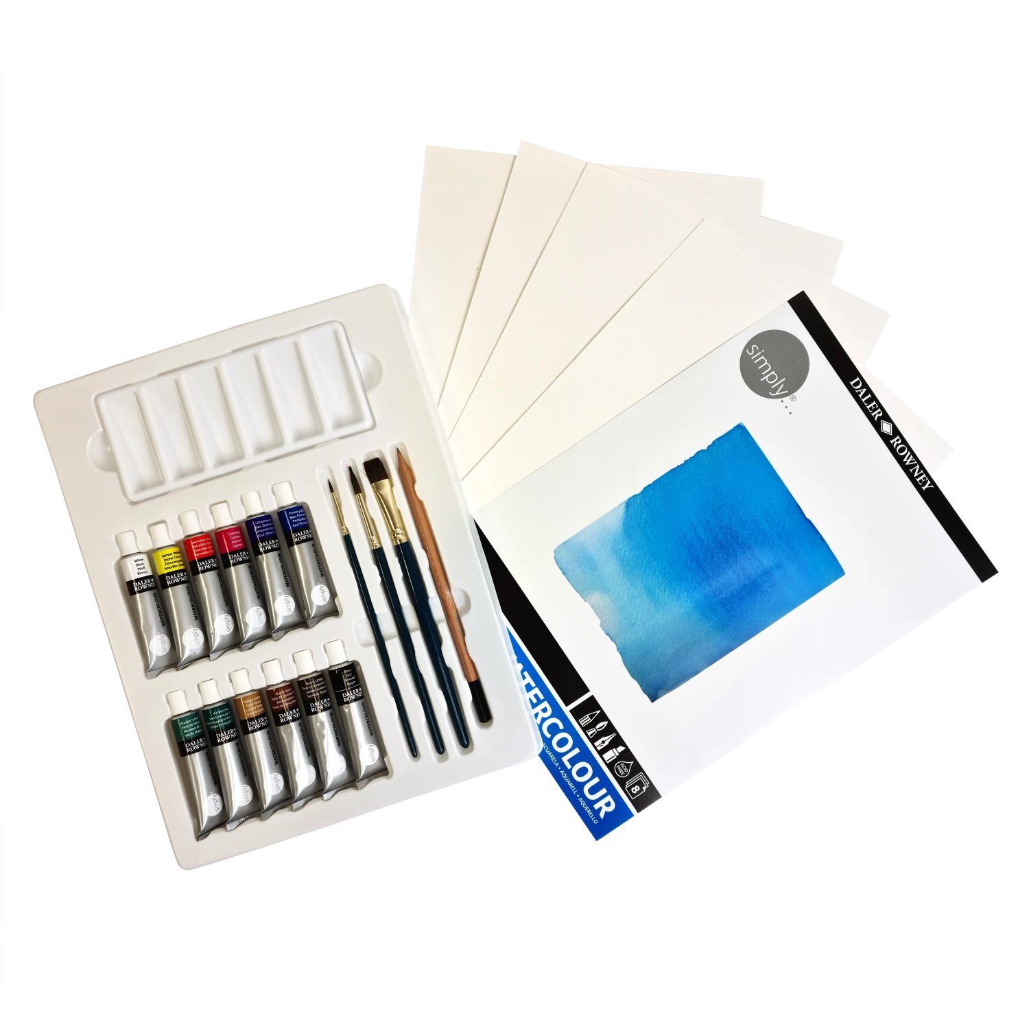 Daler-Rowney Aquarell-Set, 25-teilig mit Farben, Pinsel, Palette und Papier.