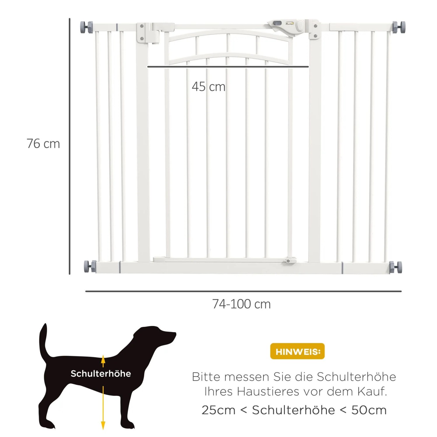Weißes PawHut Treppenschutzgitter mit Verlängerungen, 76 cm hoch, verstellbar 74-100 cm breit, 45 cm Türöffnung.