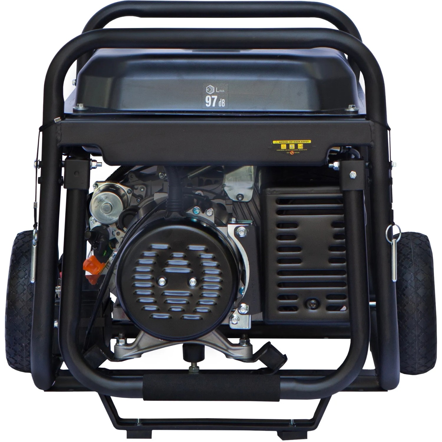 Hyundai Notstromaggregat HY8500LEK-T, 7,7 kW, mit Rädern und Stahlrahmen, Detailansicht.