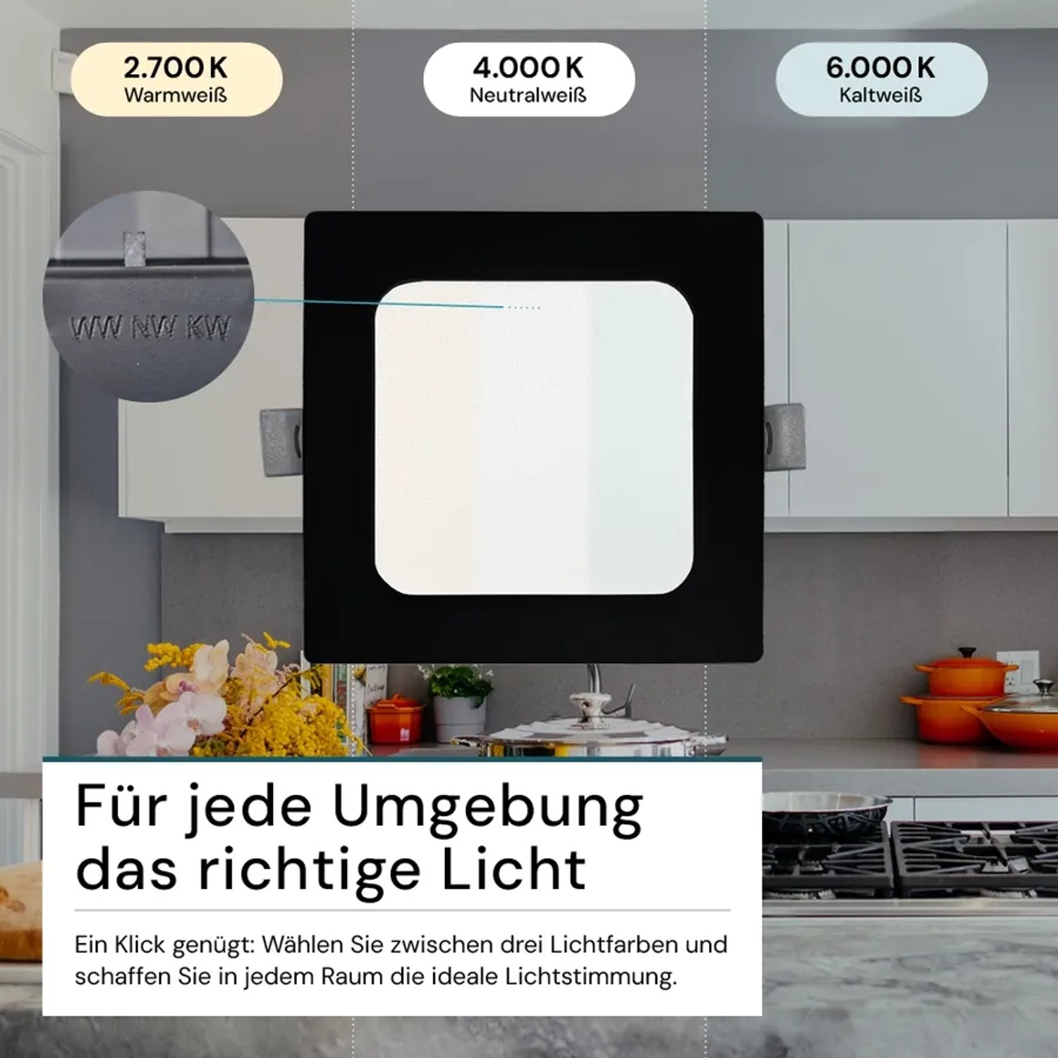 Schwarzer, eckiger LUXULA LED Einbaustrahler mit einstellbarer Lichtfarbe in Küche.