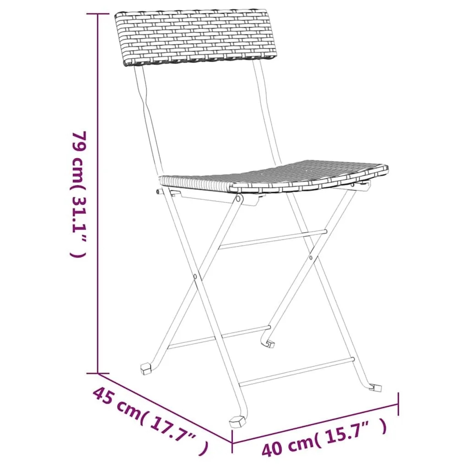 vidaXL Bistrostuhl, 2er Set, klappbar, schwarz, Poly Rattan, Stahl, Umrisszeichnung mit Maßen