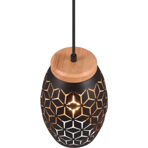 Schwarze Reality Pendelleuchte Bidar mit goldenem Lichtschein und Holzapplikation.