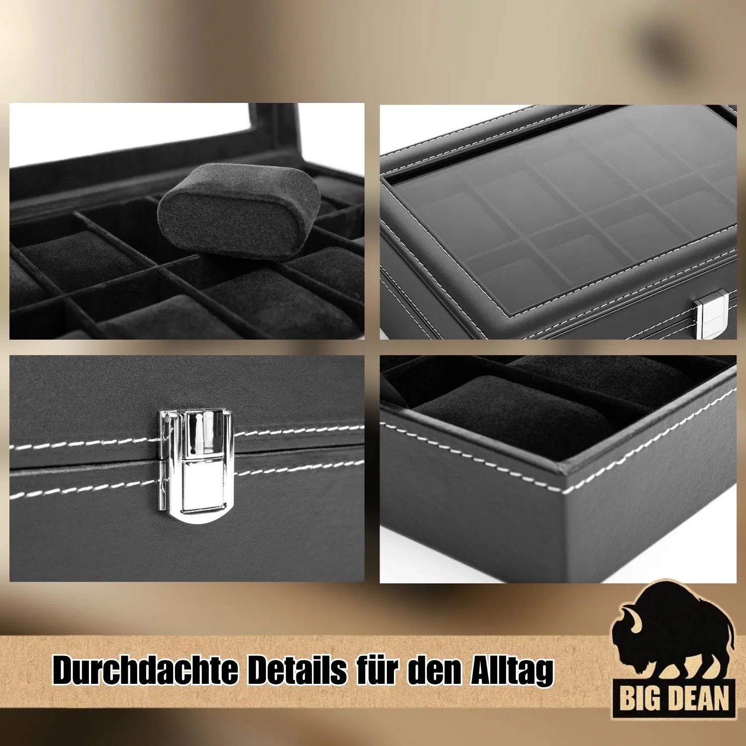 BigDean Uhrenbox für 12 Uhren, schwarzes Kunstleder, Glasdeckel, Aufbewahrung für Herrenuhren.