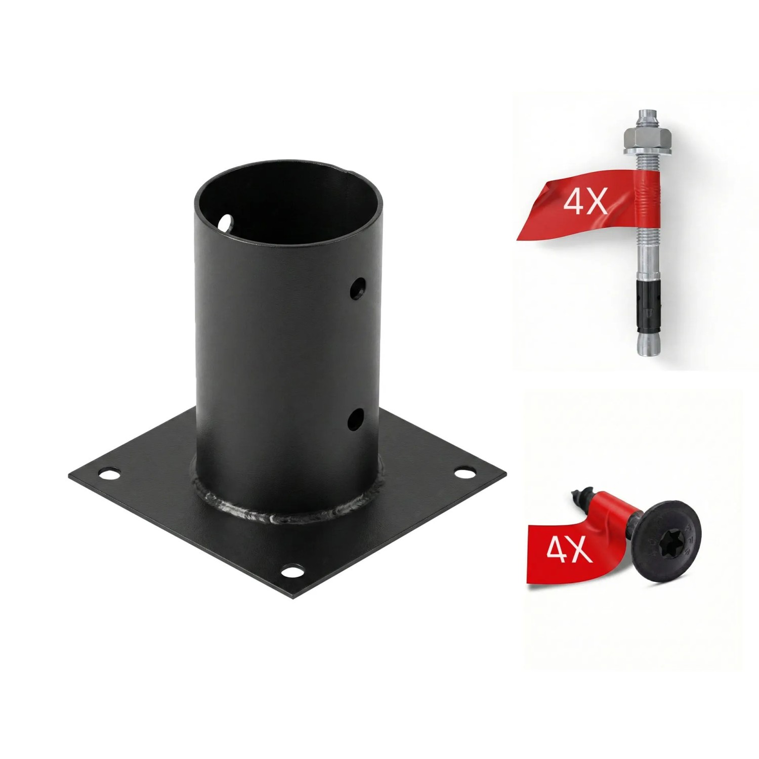 HOLLMAX 1 Stk. Aufschraubhülse/Pfostenträger 80 mm Komplettset Pulverbeschichtet Schwarz für Rundholzpfosten