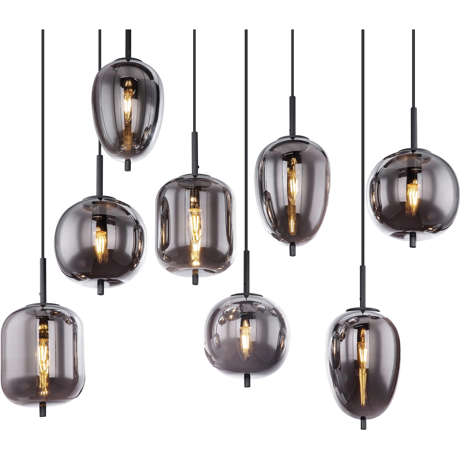 Globo Blacky Pendelleuchte mit 8 rauchfarbenen Gläsern und schwarzem Metallrahmen.