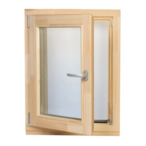 Offenes Panto Holzfenster, Dreh/Kipp, 75x75 cm, unbehandelt, mit Griff.