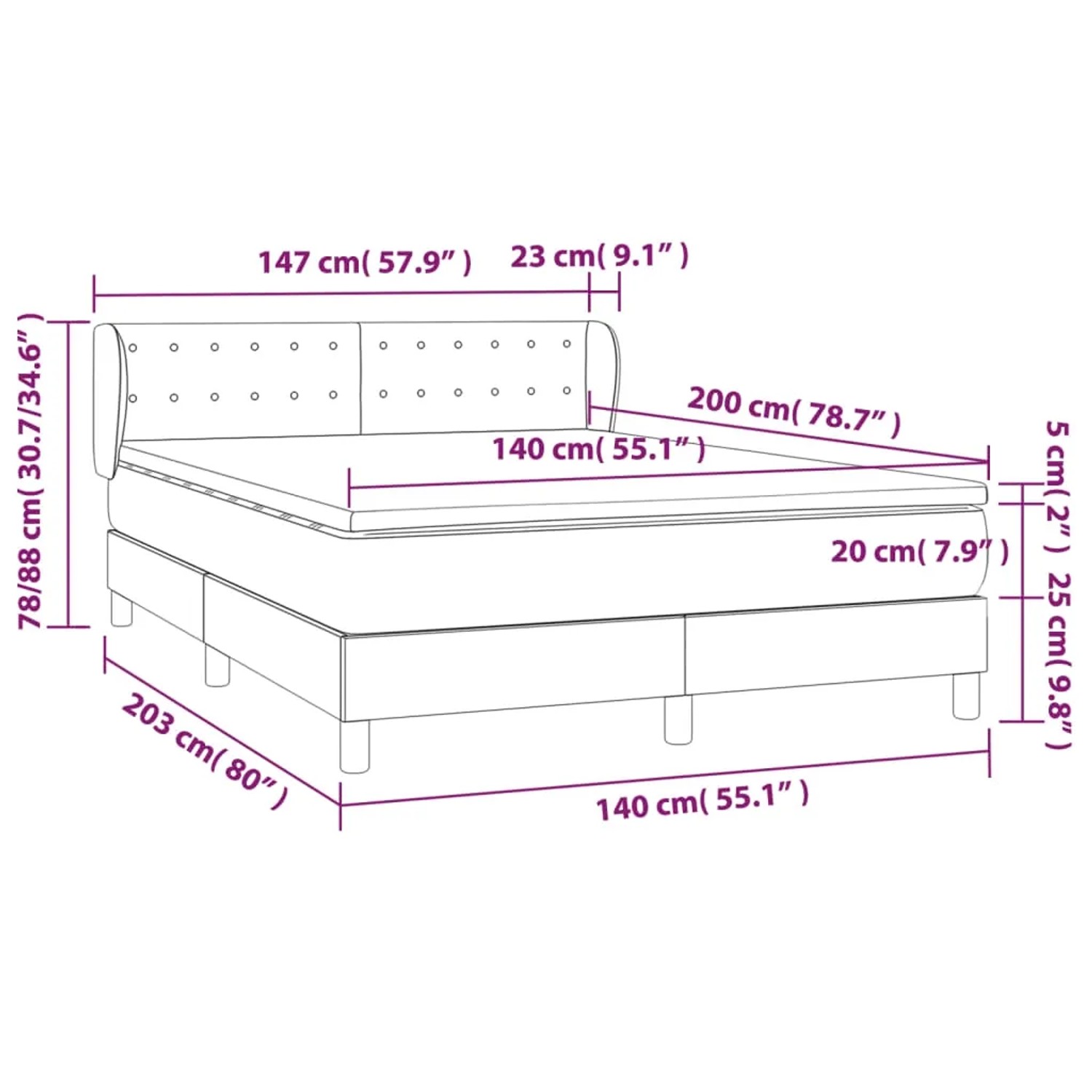vidaXL Boxspringbett dunkelbraun (140x200 cm) mit Matratze, Stoffbezug, Maße.