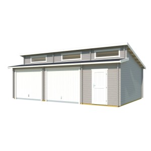 Lasita Garage Hawaii Set, lichtgraue Doppelgarage mit Schwingtoren und separater Tür.