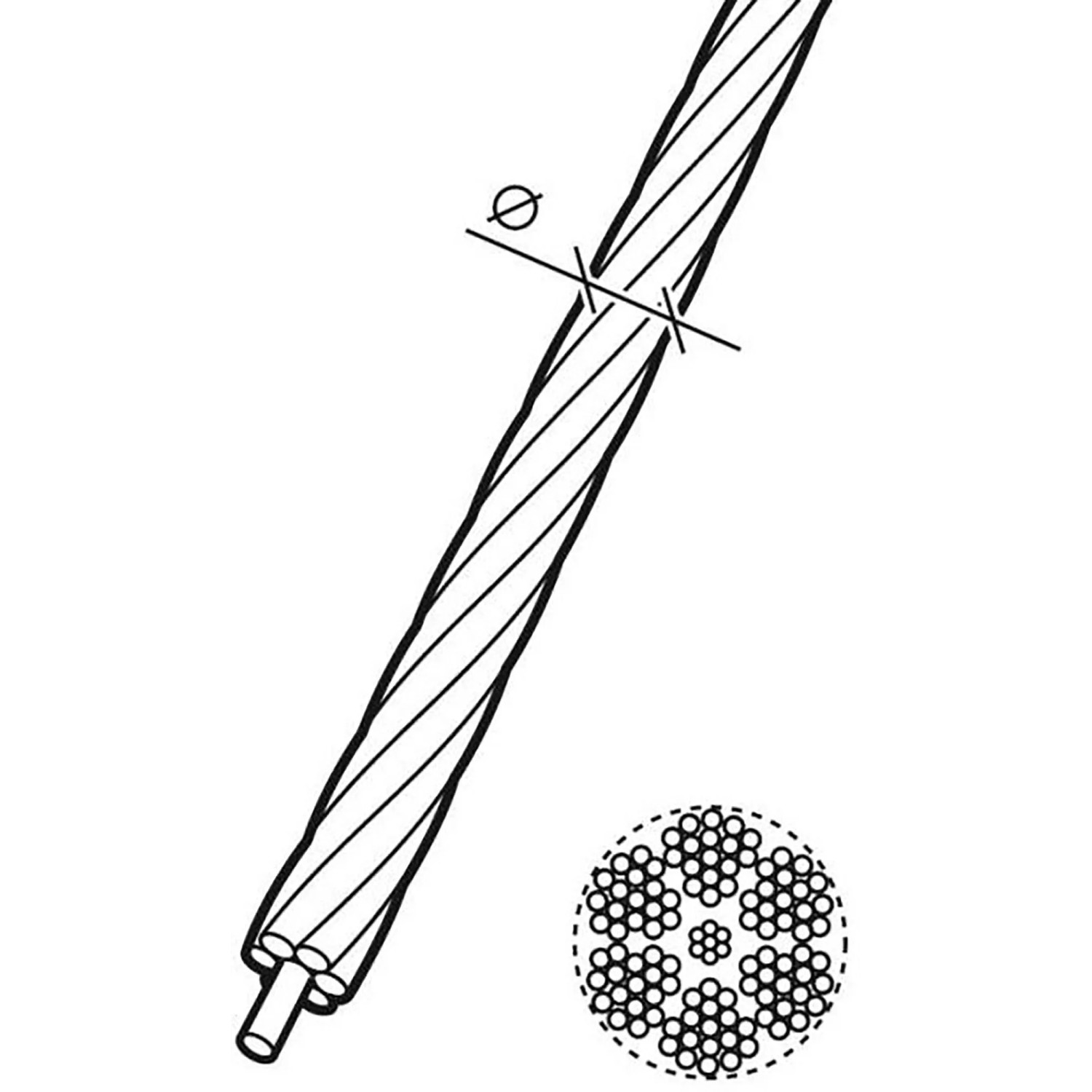 Conacord Stahl-Drahtseil 3 mm, 6x7-FC Ausführung. Detailansicht des Mehrzweckseils mit Querschnitt.