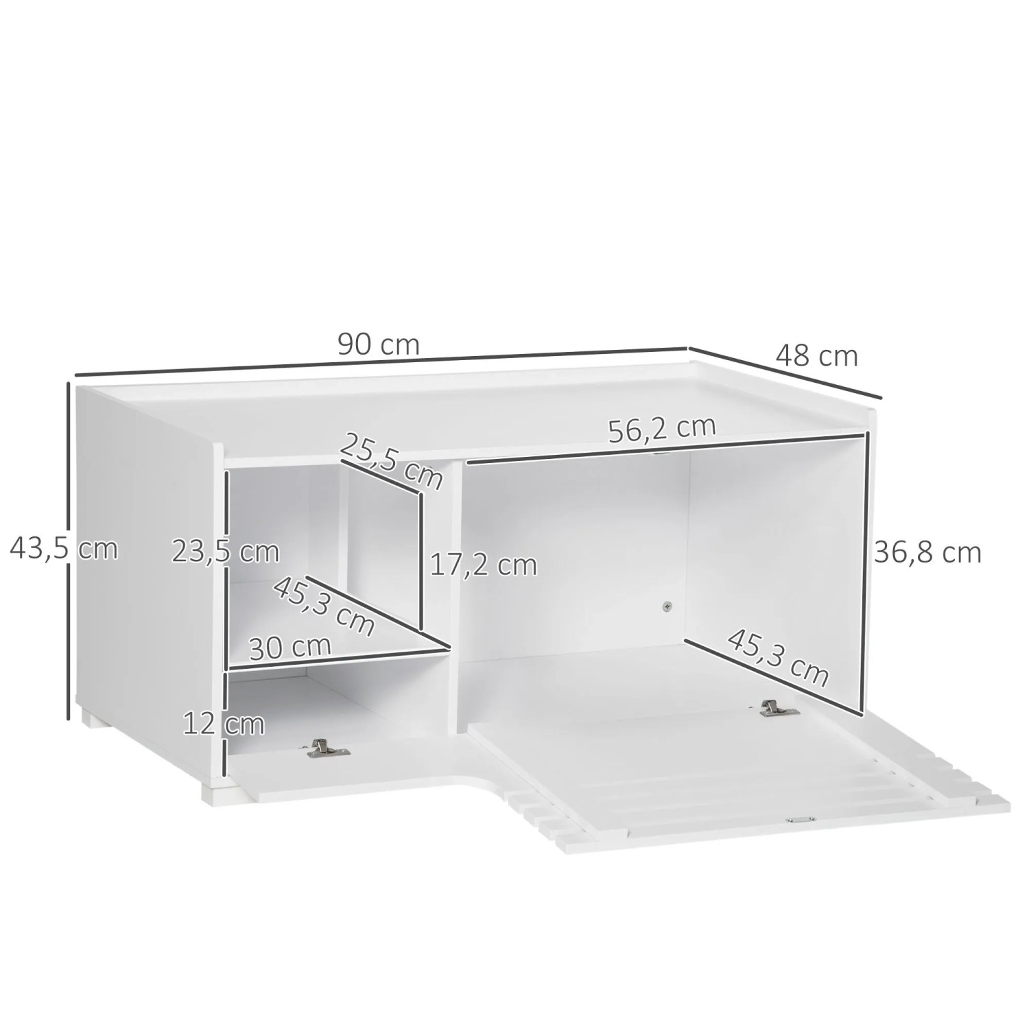 Weißer PawHut Katzenschrank für Katzentoilette mit Maßen, offene Fächer. 2-in-1 Wohnzimmerschrank.