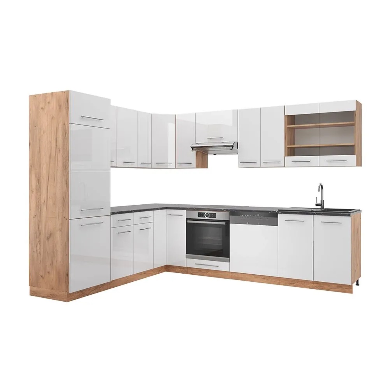 Vicco Eckküche Fame-Line Weiß Hochglanz/Goldkraft Eiche 287 x 82 ohne Arbeitsplatte