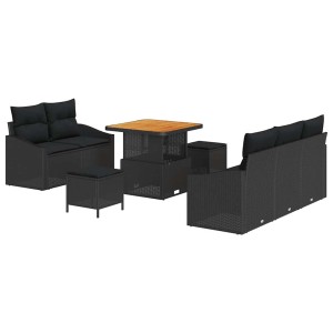 vidaXL Gartenmöbel Set, 8-teilig, schwarz, Poly Rattan, mit Tisch, Sofas, Hockern und Kissen.