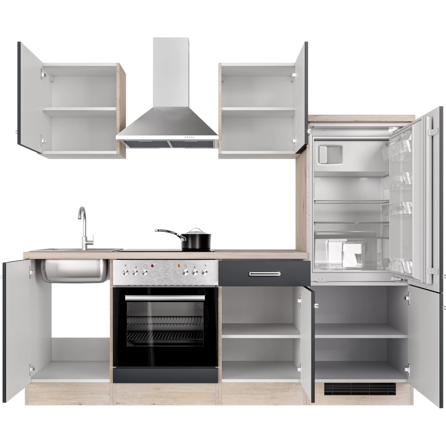 Flex-Well Küchenzeile Lara 220 cm in Anthrazit und San Remo Eiche mit E-Geräten.