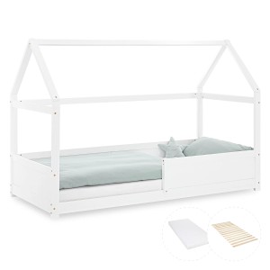Weißes Homestyle4u Kinderbett Hausbett 90x200 mit Rausfallschutz und Matratze.