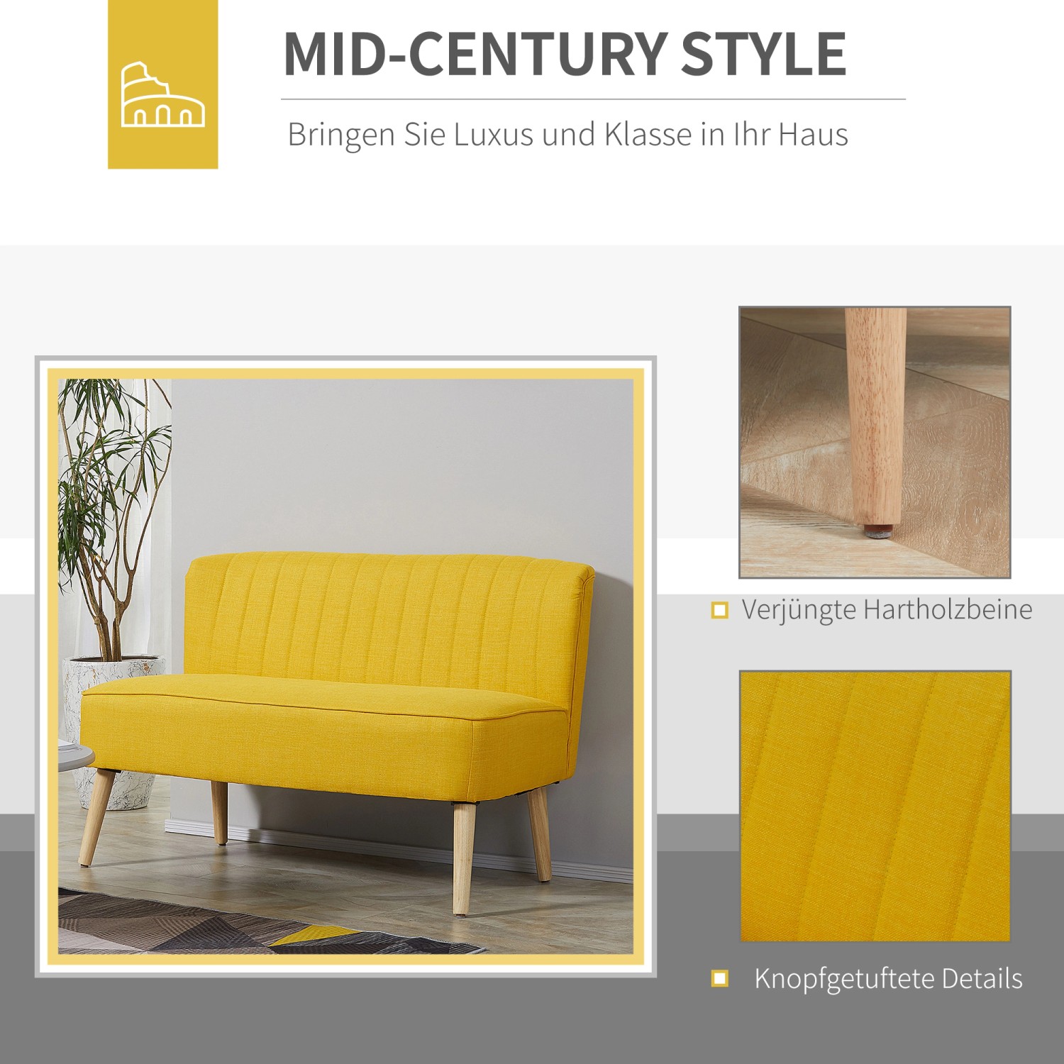 Gelbes 2-Sitzer Sofa von HOMCOM im Mid-Century-Stil mit Holzbeinen und Stoffbezug.