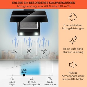 Schwarze Klarstein Clara 90 Dunstabzugshaube aus Glas mit Touch-Bedienung, Ambiente-Licht, hoher Abluftleistung und leisem Betrieb.