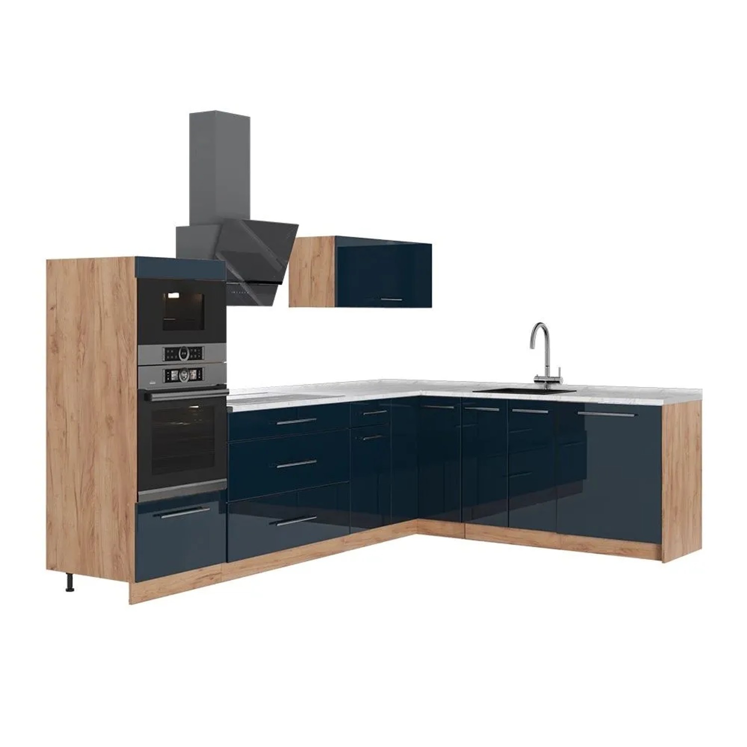 Vicco Eckküche Fame-Line Dunkelblau Hochglanz/Goldkraft Eiche 287 x 154 AP Marmor Art Nr 65713