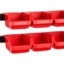 6 rote LUX Lagersichtboxen Größe 2 an Wandmontageschienen. Aufbewahrungssysteme für Kleinteile.