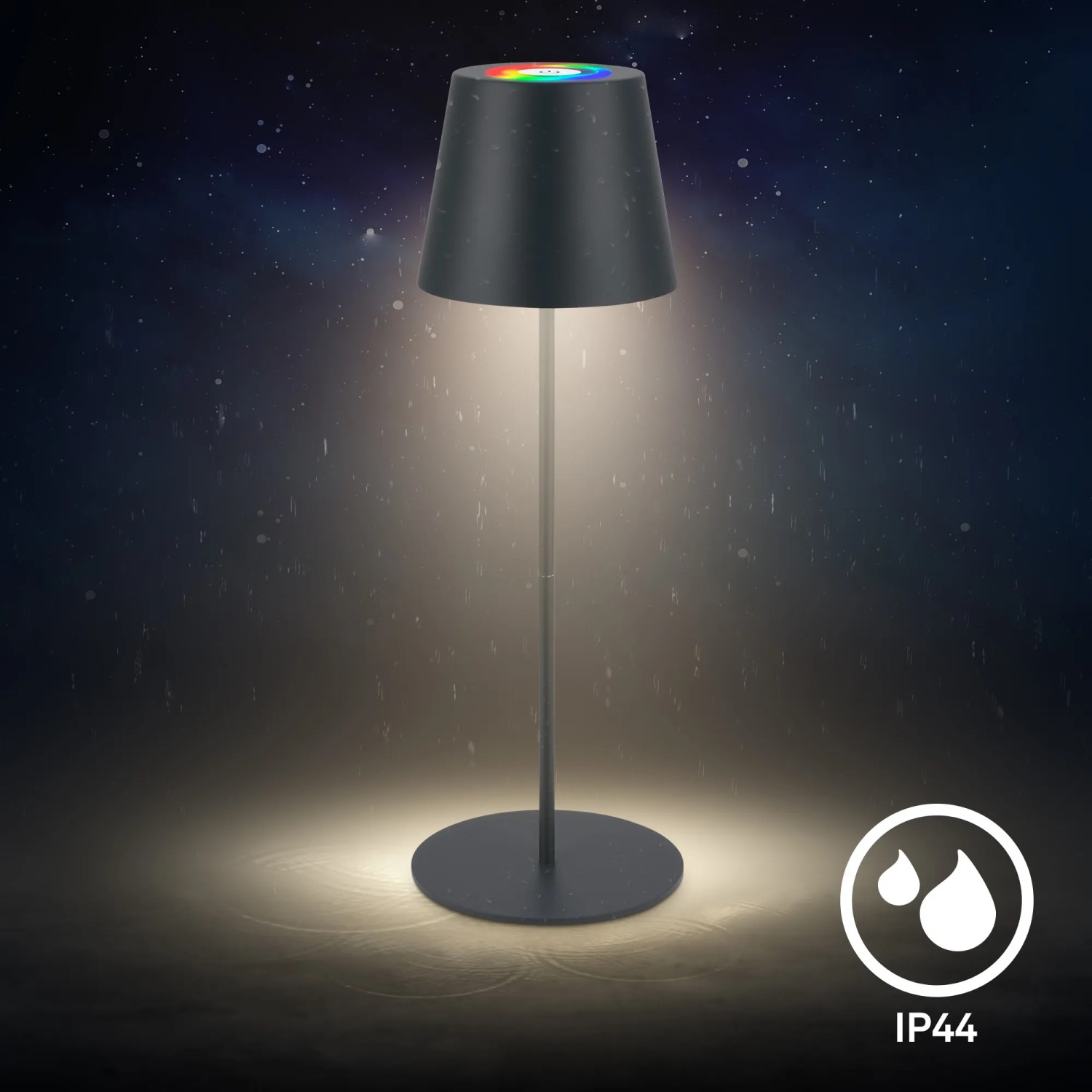 Brilo LED-Akku-Tischleuchte 3 in 1, anthrazit, mit RGB-Licht und IP44 Schutz.
