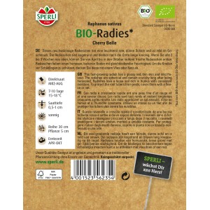 Sperli Bio-Radieschen Cherry-Belle Samenpackung mit roten, runden Radieschen.