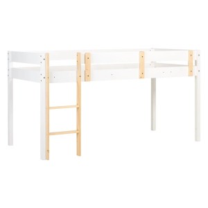 Weißes Homestyle4u Hochbett 90x200 aus Kiefer Massivholz mit naturfarbener Leiter und Absturzsicherung für Kinder.