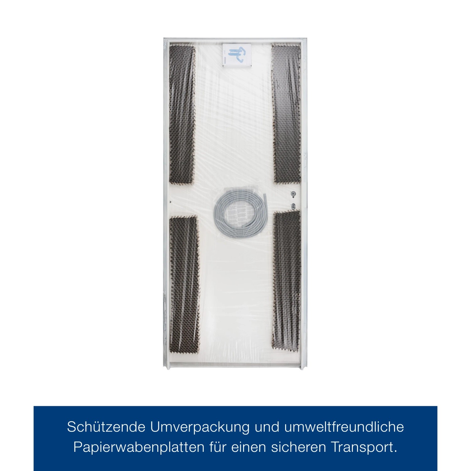 Verpacktes, weißes ZK-Türelement mit Eckzarge, DIN Rechts, 875x1875x55 mm.