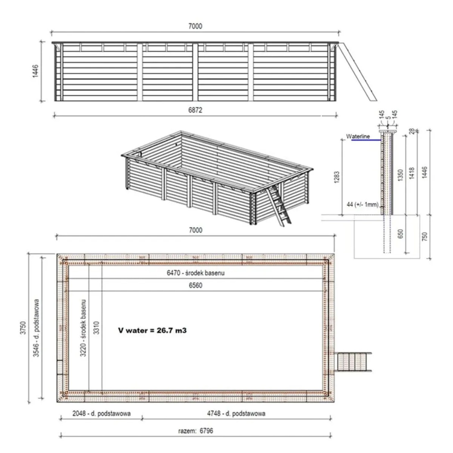 Technische Zeichnung: ALTANKA Holzpool Aqua 7x3,75 m mit Maßen und Details.