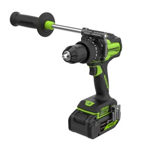 Greenworks Akku-Bohrhammer Pro in Schwarz-Grün mit Zusatzhandgriff und Akku. Leistungsstarkes Werkzeug für Bohrarbeiten.