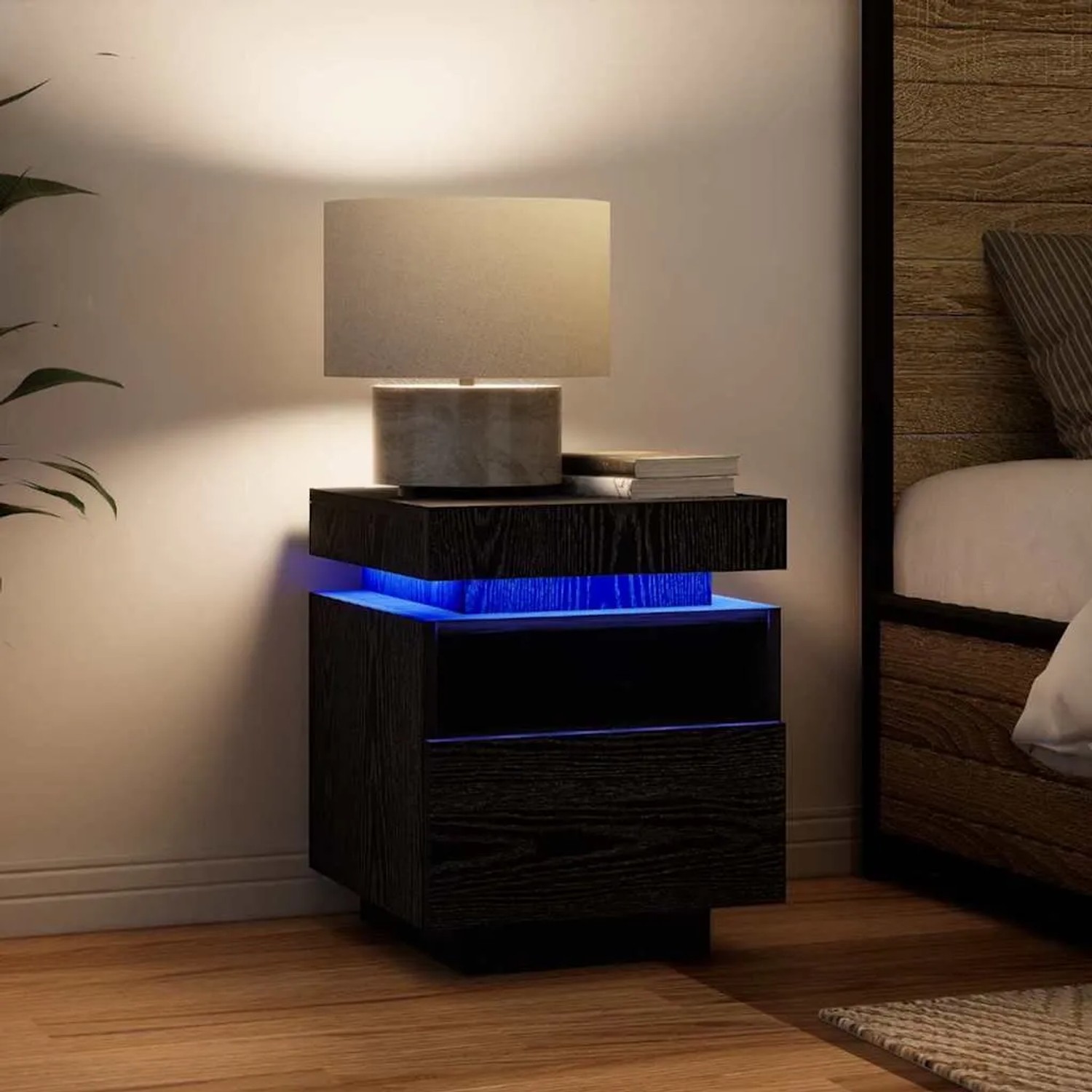 vidaXL Nachttisch in Schwarz Eiche mit LED-Beleuchtung, Schublade und Regal.