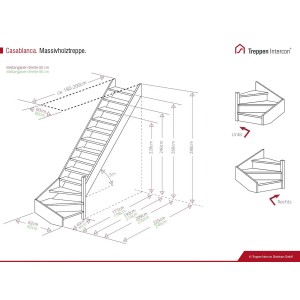 Technische Zeichnung der Intercon Casablanca Raumspartreppe aus Fichte, rechtsgewendelt, 80 cm breit, Maße bis 280 cm Geschosshöhe.