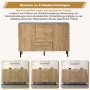 Modernes Sideboard in Holzoptik mit Fischgrätmuster, 3 Schubladen, 2 Türen und schwarzem Rahmen. Viel Stauraum.