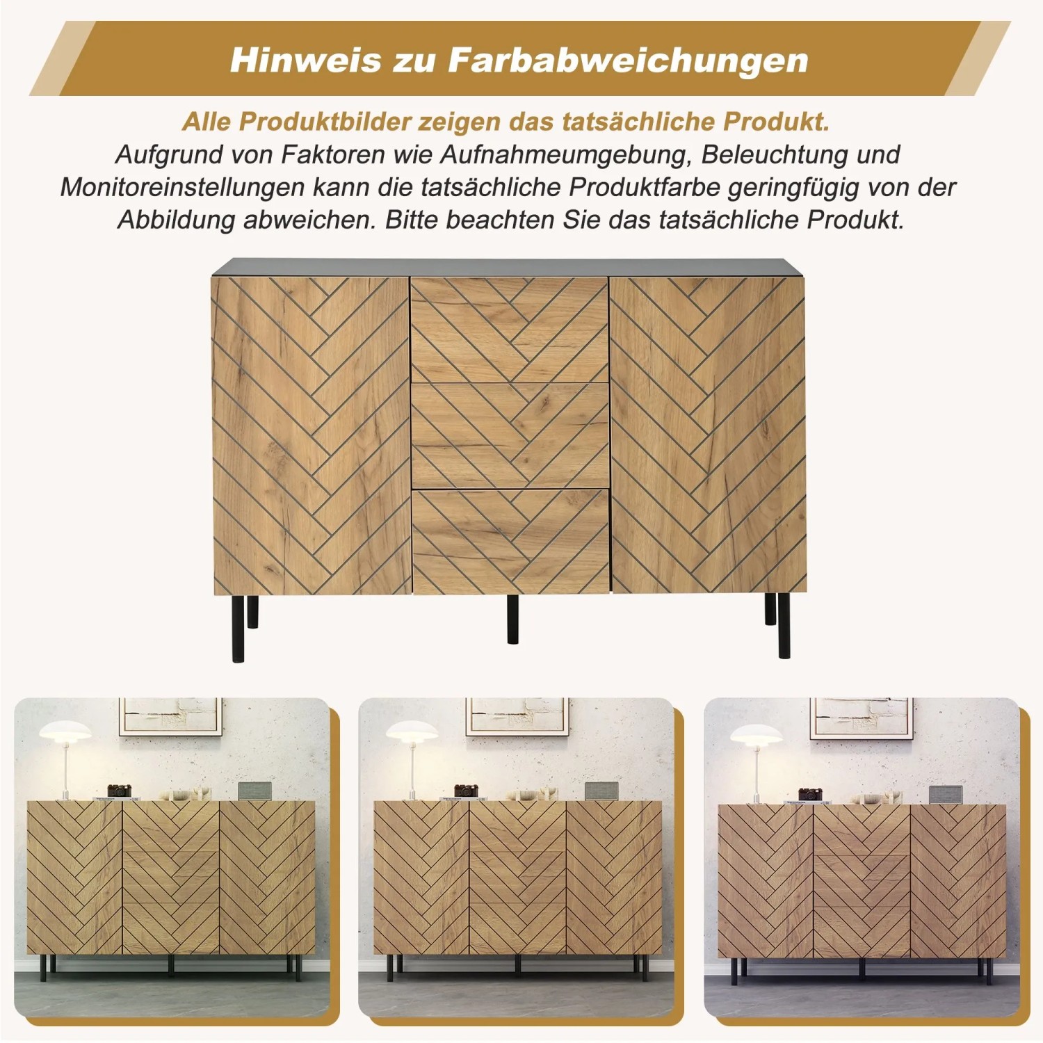 Modernes Sideboard in Holzoptik mit Fischgrätmuster, 3 Schubladen, 2 Türen und schwarzem Rahmen. Viel Stauraum.