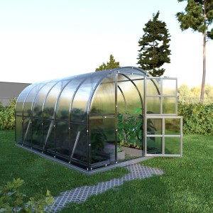 Klasika Arch Gewächshaus 12m² mit 6mm Polycarbonat, Bogenform, Tür geöffnet.