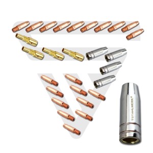 STAHLWERK MIG MAG Verschleißteile Set: Silberne Gasdüsen, goldene Düsenstocks, kupferne Stromdüsen für Schweißbrenner 25AK/MB25. 28-teilig.