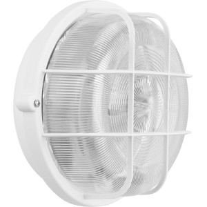Weiße REV Ritter Kellerlampe aus Kunststoff, 100 W, mit Schutzkorb für Wand- und Deckenmontage.