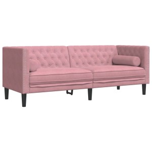 Rosa 3-Sitzer Chesterfield Sofa mit Knopfheftung und Nackenrollen.