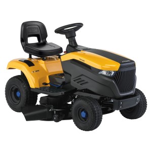 Gelb-schwarzer Stiga Akku-Rasentraktor Tornado 598e mit Seitenauswurf.