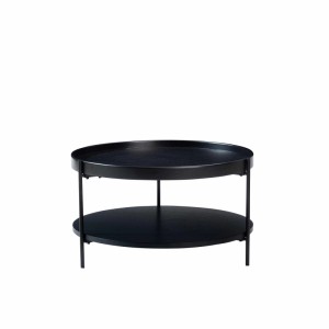 Schwarzer runder Couchtisch mit zwei Ablagen aus Massivholz und schwarzem Metallgestell für das Wohnzimmer.