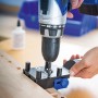LUX Dübellehre Classic in Anwendung mit Bohrmaschine für präzise Dübelverbindungen.