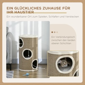 PawHut Katzenbaum Kratztonne mit 3 Ebenen und Höhlen. Kratzbaum aus Sisal, beige.