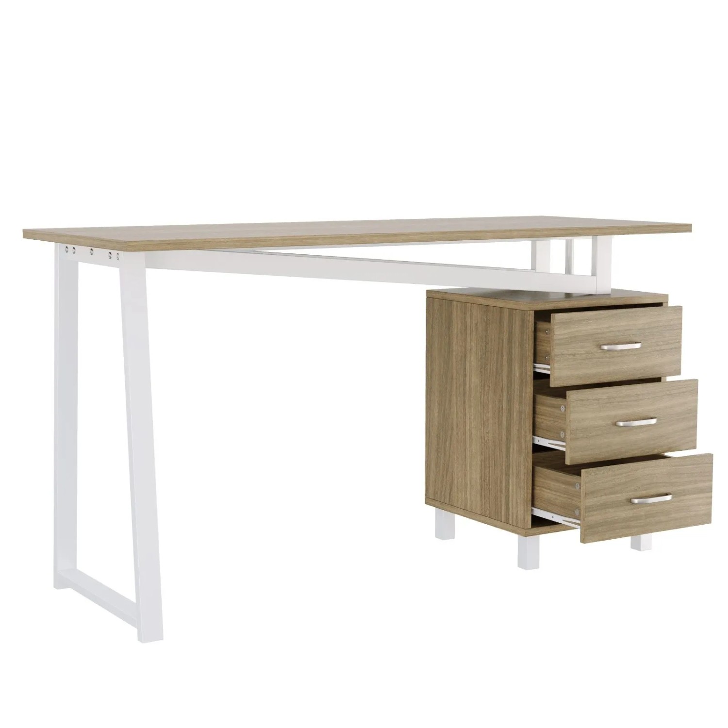 PXloue Schreibtisch Bürotisch 130 x 55 x 75 cm mit 3 Schubladen Stahlrahmen Holzoptik Weiß