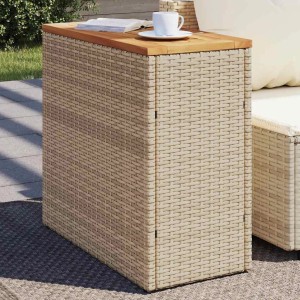 Beiger vidaXL Garten-Beistelltisch aus Poly Rattan mit Holzplatte, ideal für Garten und Terrasse.