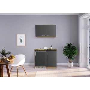 Respekta Miniküche MK100ESGOSC, 100 cm, Grau-Eiche Dekor mit Kühlschrank und Glaskeramikkochfeld.