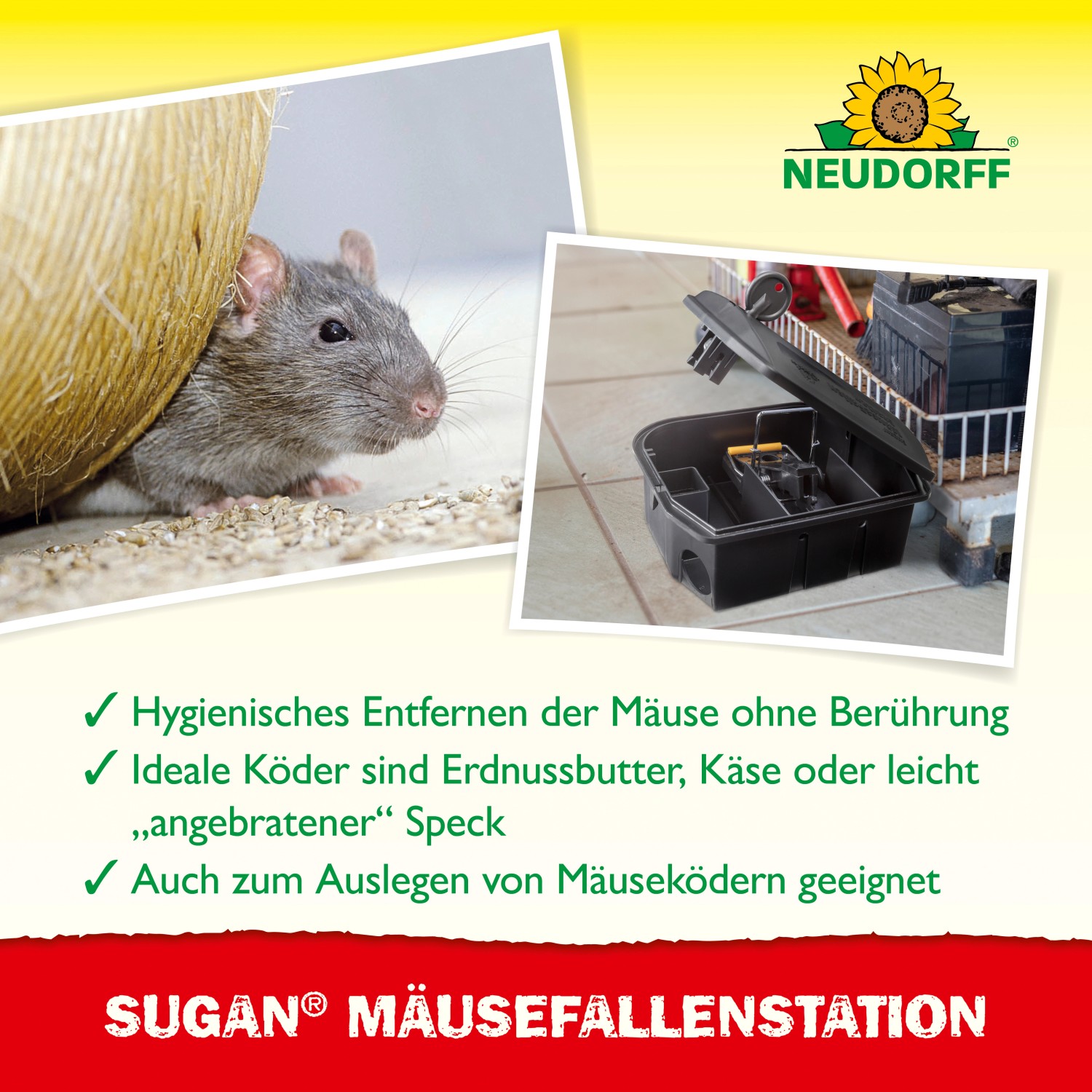 Neudorff Mäusefallen-Station Sugan, schwarz, mit Maus und geöffneter Falle.